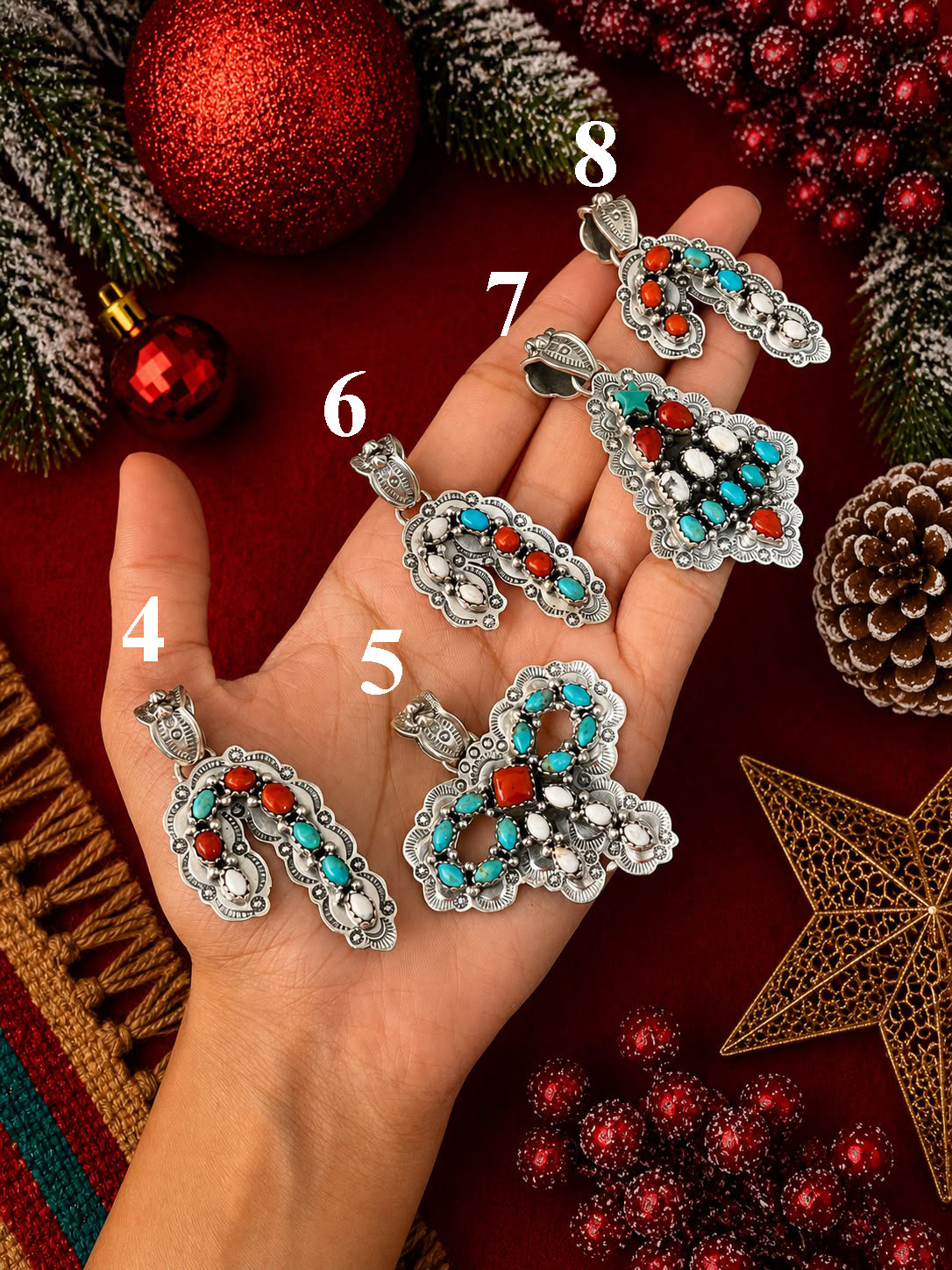 Handmade Sterling Silver Kingman Turquoise with Coral and White Buffalo Christmas Ornaments Collection: Pendant Signed Nizhoni (5)
