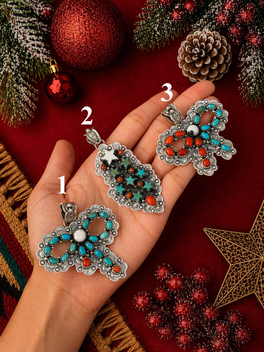 Handmade Sterling Silver Kingman Turquoise with Coral and White Buffalo Christmas Ornaments Collection: Pendant Signed Nizhoni (5)