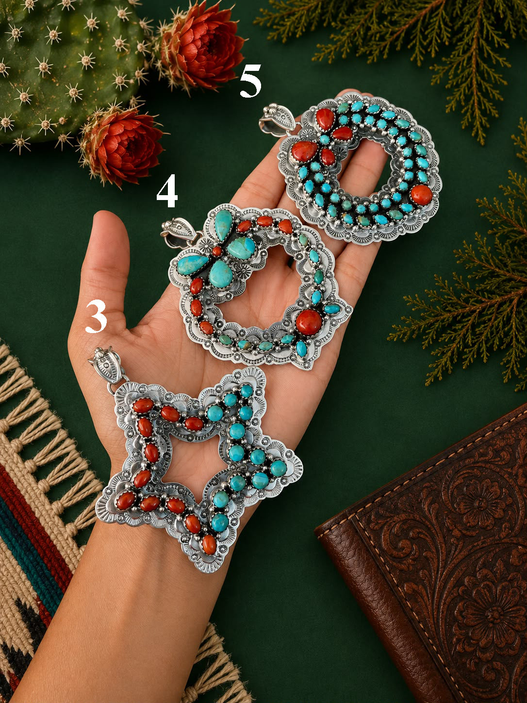 Handmade Sterling Silver Kingman Turquoise with Coral Christmas Ornaments Collection: Pendant Signed Nizhoni