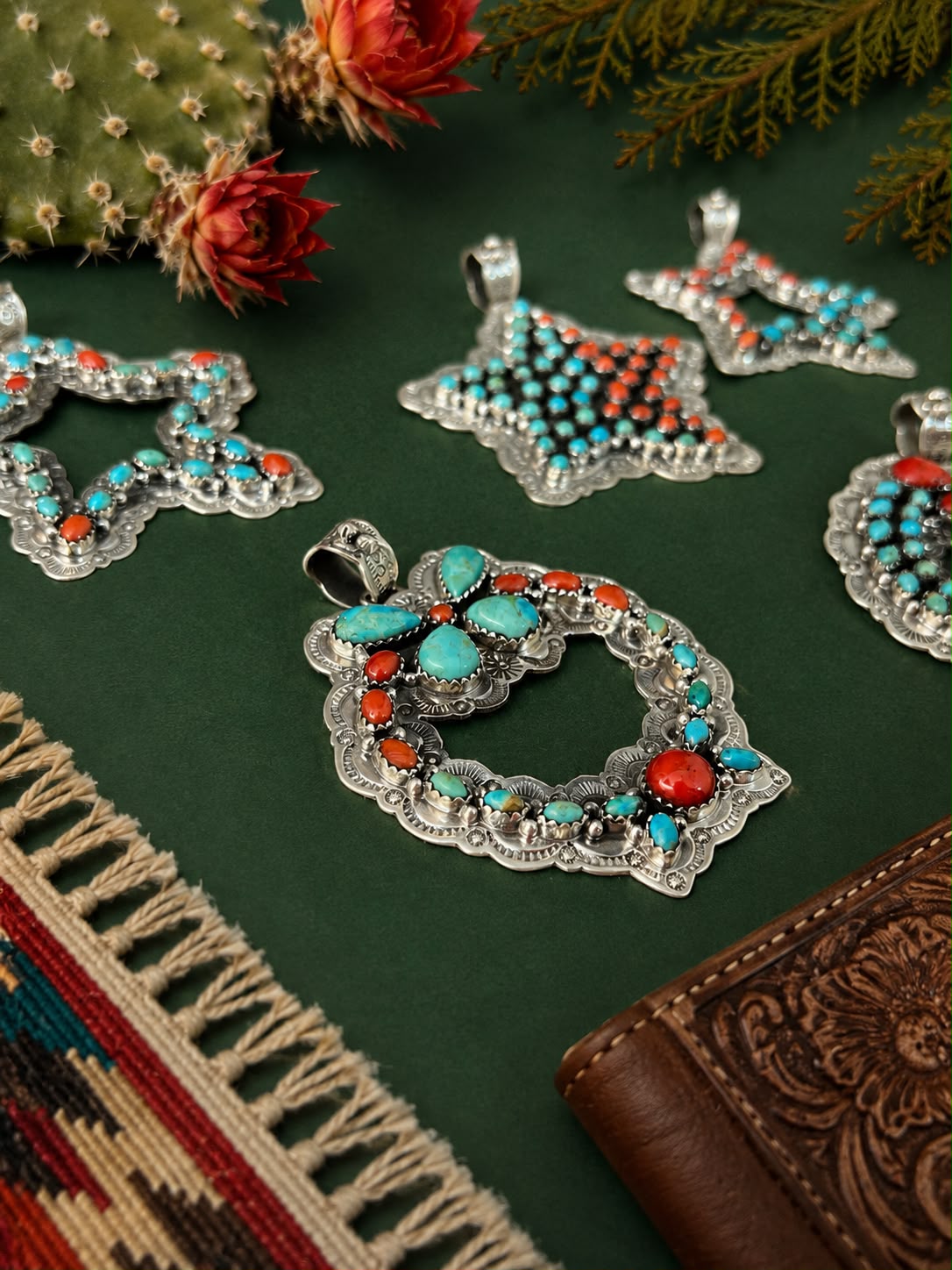 Handmade Sterling Silver Kingman Turquoise with Coral Christmas Ornaments Collection: Pendant Signed Nizhoni