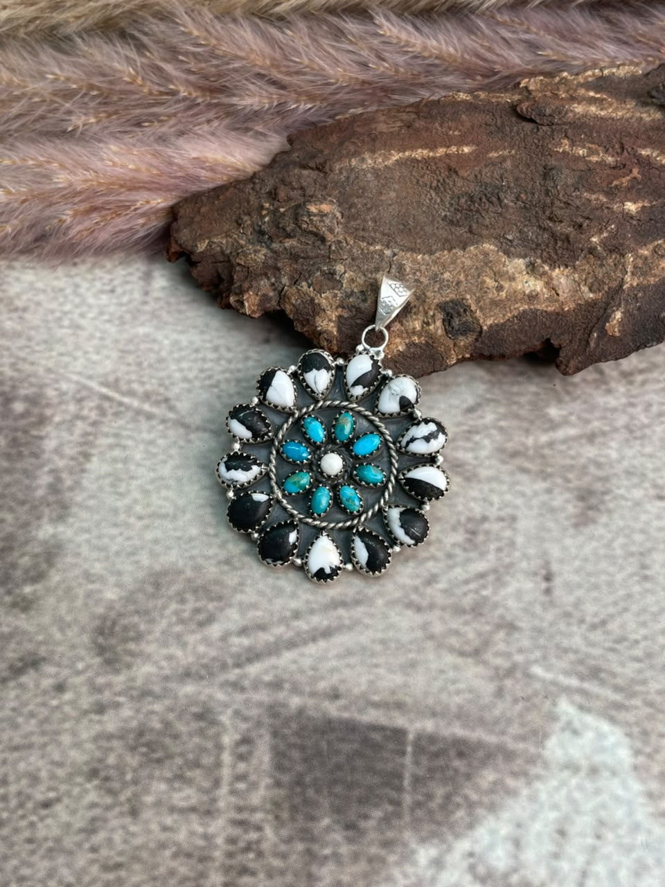 Handmade Sterling Silver Kingman Turquoise with White Buffalo Pendant Signed Nizhoni