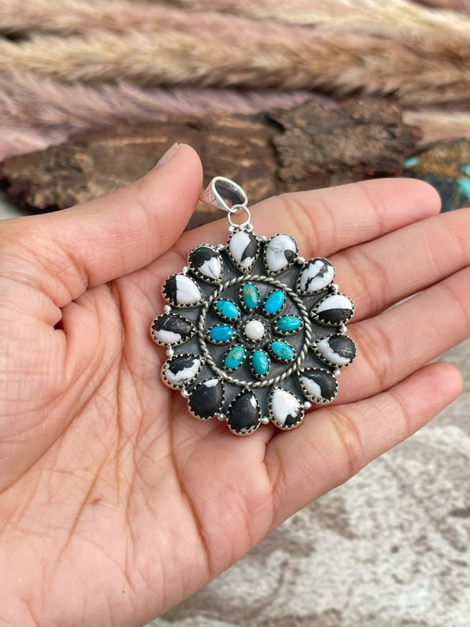 Handmade Sterling Silver Kingman Turquoise with White Buffalo Pendant Signed Nizhoni