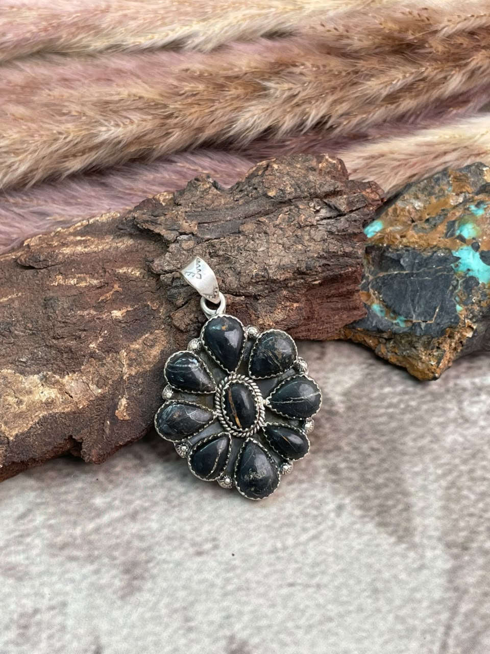 Handmade Sterling Silver Blackjack Turquoise Pendant Signed Nizhoni