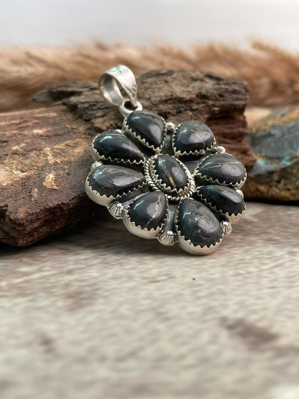 Handmade Sterling Silver Blackjack Turquoise Pendant Signed Nizhoni