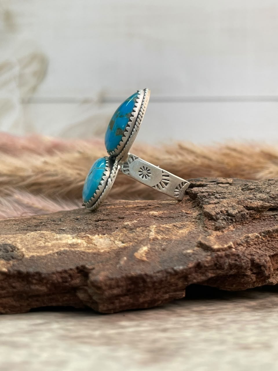 Handmade Sterling Silver Blue Kingman Turquoise Adjustable Ring Signed Nizhoni
