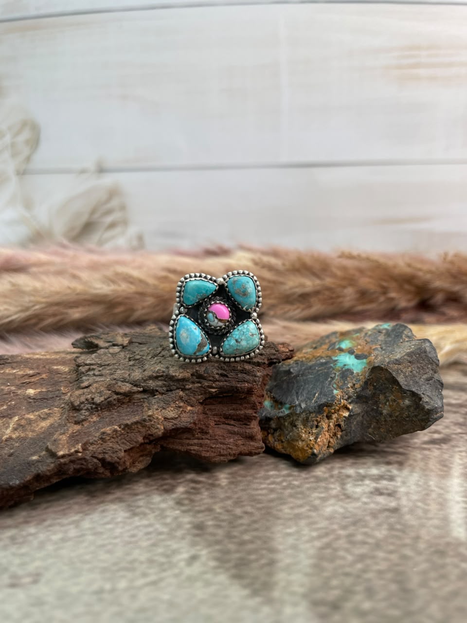 Handmade Sterling Silver Cotton Candy with White Water Turquoise Adjustable Ring Signed Nizhoni