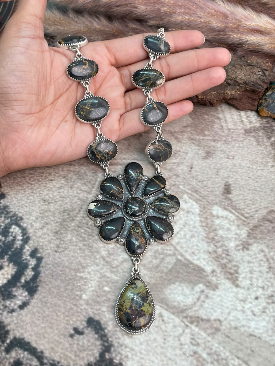 Handmade Sterling Silver Blackjack Turquoise Necklace Signed Nizhoni