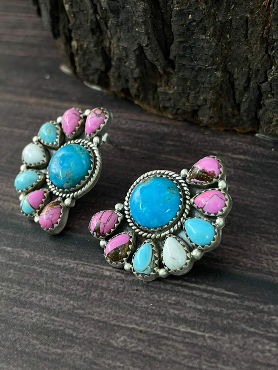Handmade Sterling Silver Blue Kingman Turquoise with Cotton Candy Post Studs Earrings Signed Nizhoni