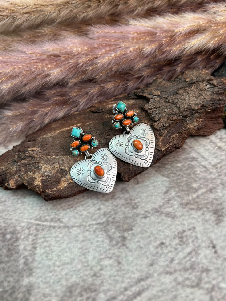 Handmade Sterling Silver Kingman Turquoise with Orange Mojave Post Dangle Heart Earrings Signed Nizhoni
