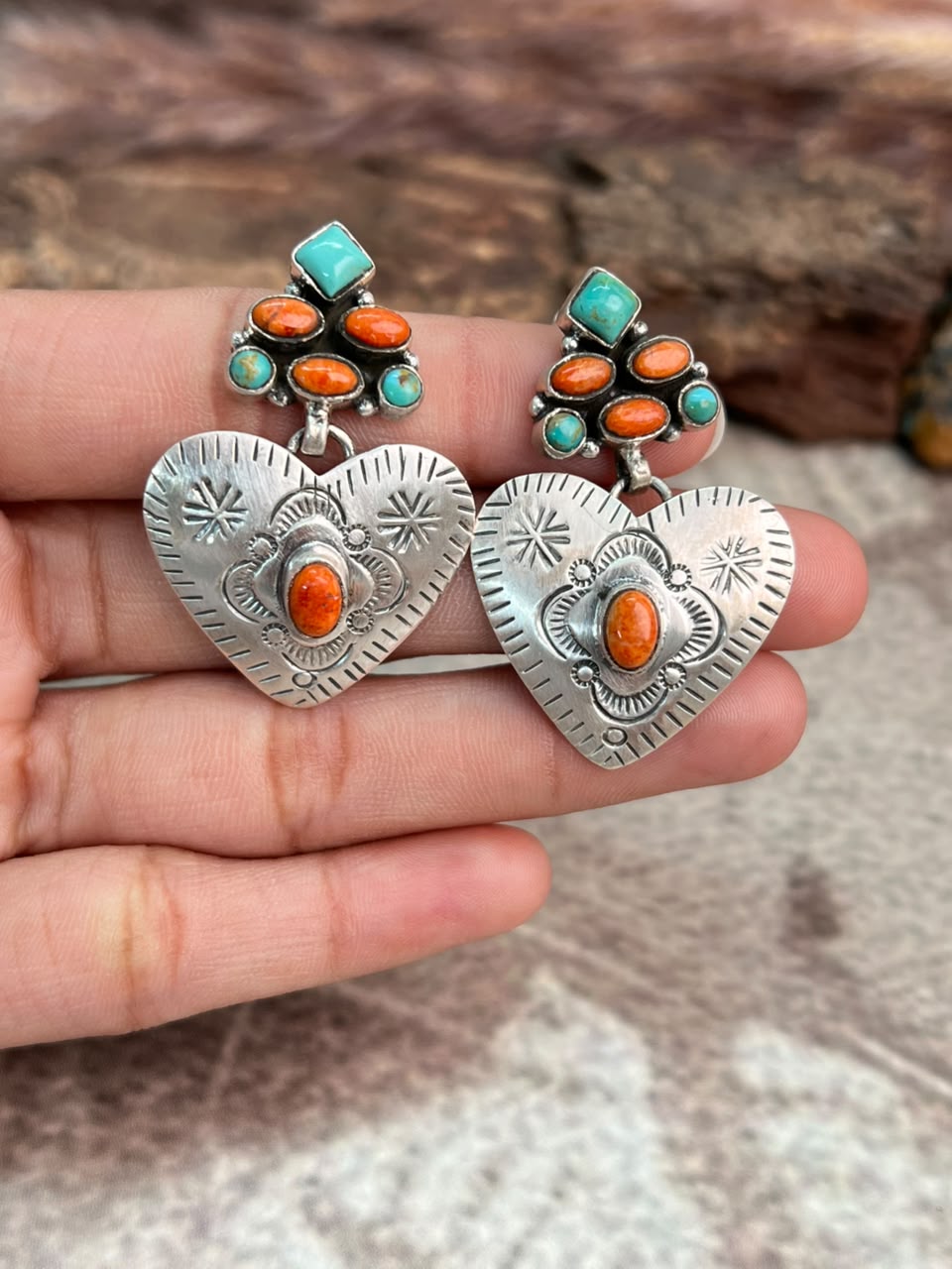 Handmade Sterling Silver Kingman Turquoise with Orange Mojave Post Dangle Heart Earrings Signed Nizhoni