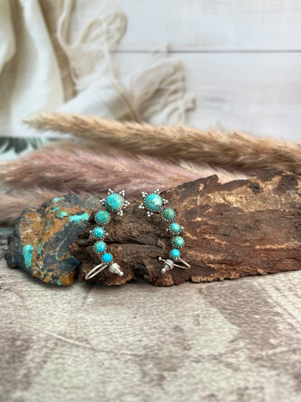 Handmade Sterling Silver Kingman Turquoise Post Ear Cuffs Signed Nizhoni