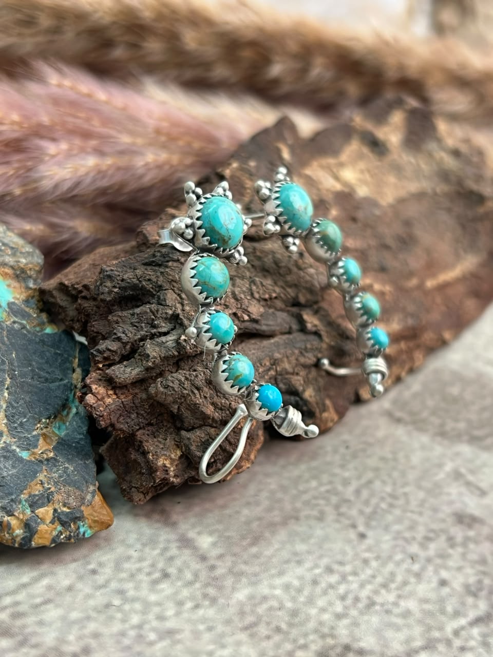 Handmade Sterling Silver Kingman Turquoise Post Ear Cuffs Signed Nizhoni