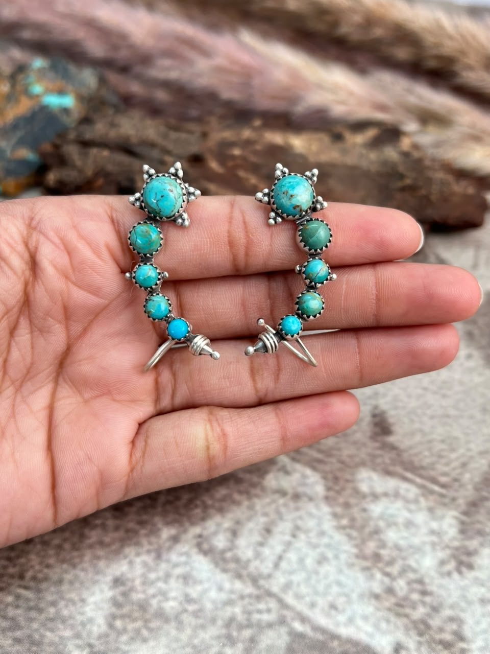 Handmade Sterling Silver Kingman Turquoise Post Ear Cuffs Signed Nizhoni