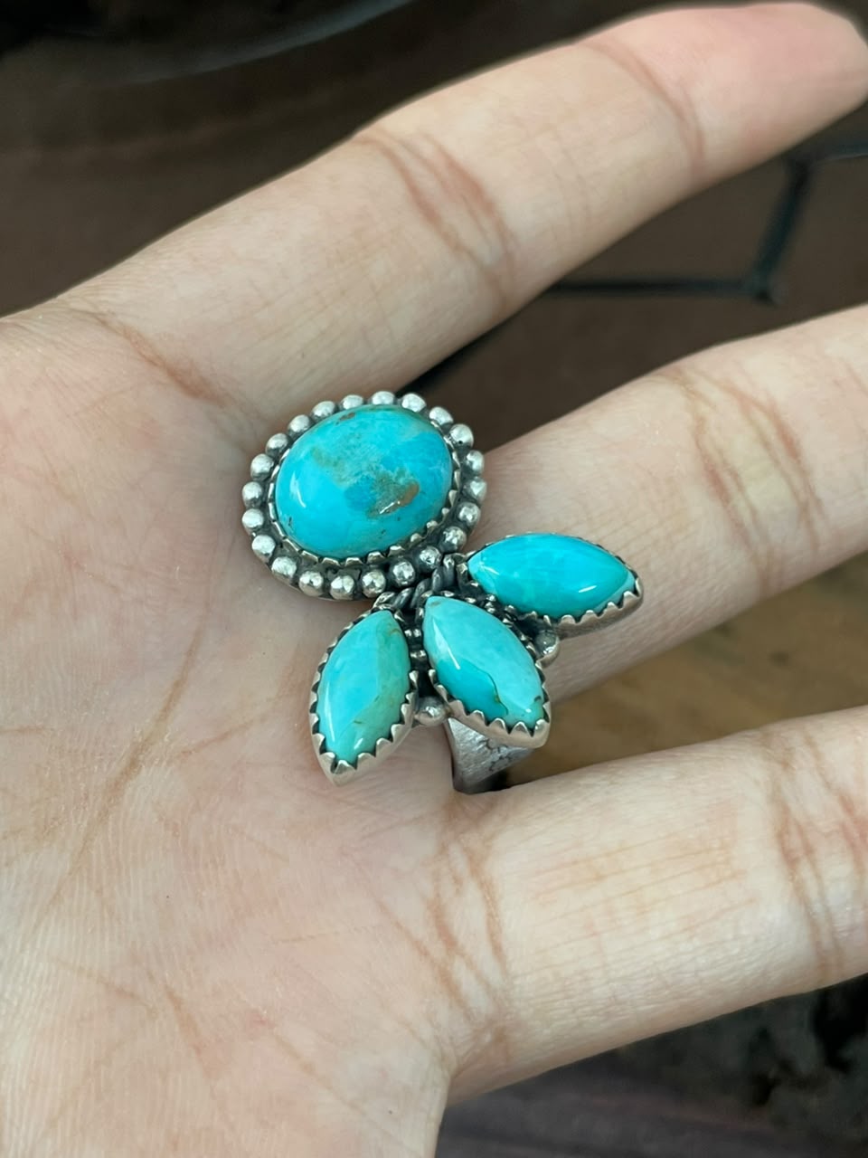 Handmade Sterling Silver Kingman Turquoise Adjustable Ring Signed Nizhoni