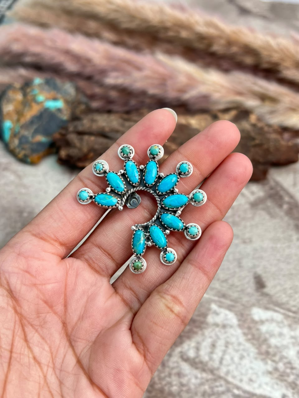 Handmade Sterling Silver Kingman Turquoise Naja Adjustable Ring Signed Nizhoni