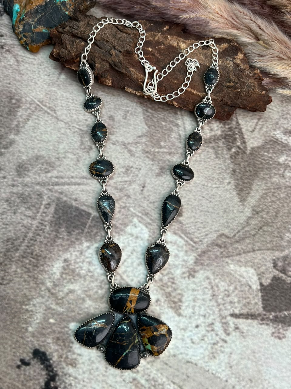 Handmade Sterling Silver Blackjack Turquoise Necklace Signed Nizhoni