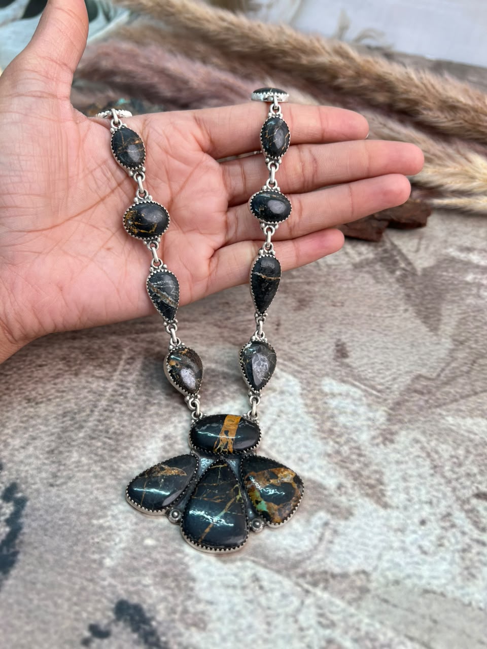 Handmade Sterling Silver Blackjack Turquoise Necklace Signed Nizhoni