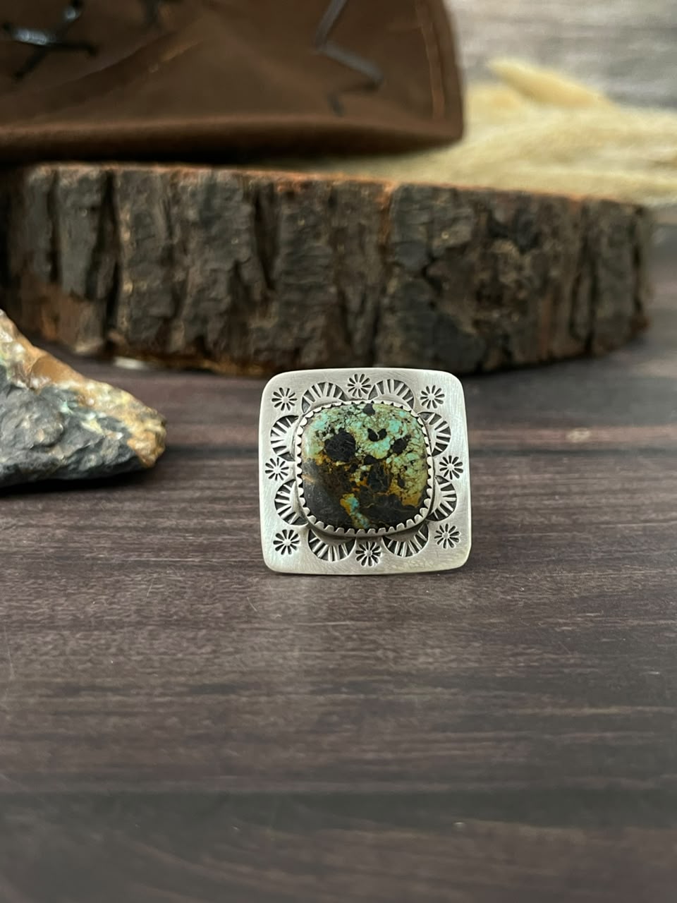 Handmade Sterling Silver Blackjack Turquoise Adjustable Ring Signed Nizhoni
