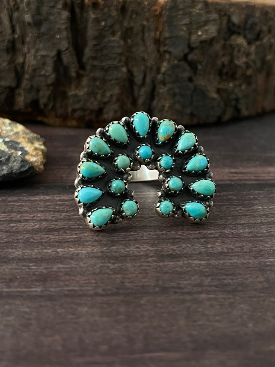 Handmade Sterling Silver Kingman Turquoise Adjustable Naja Ring Signed Nizhoni