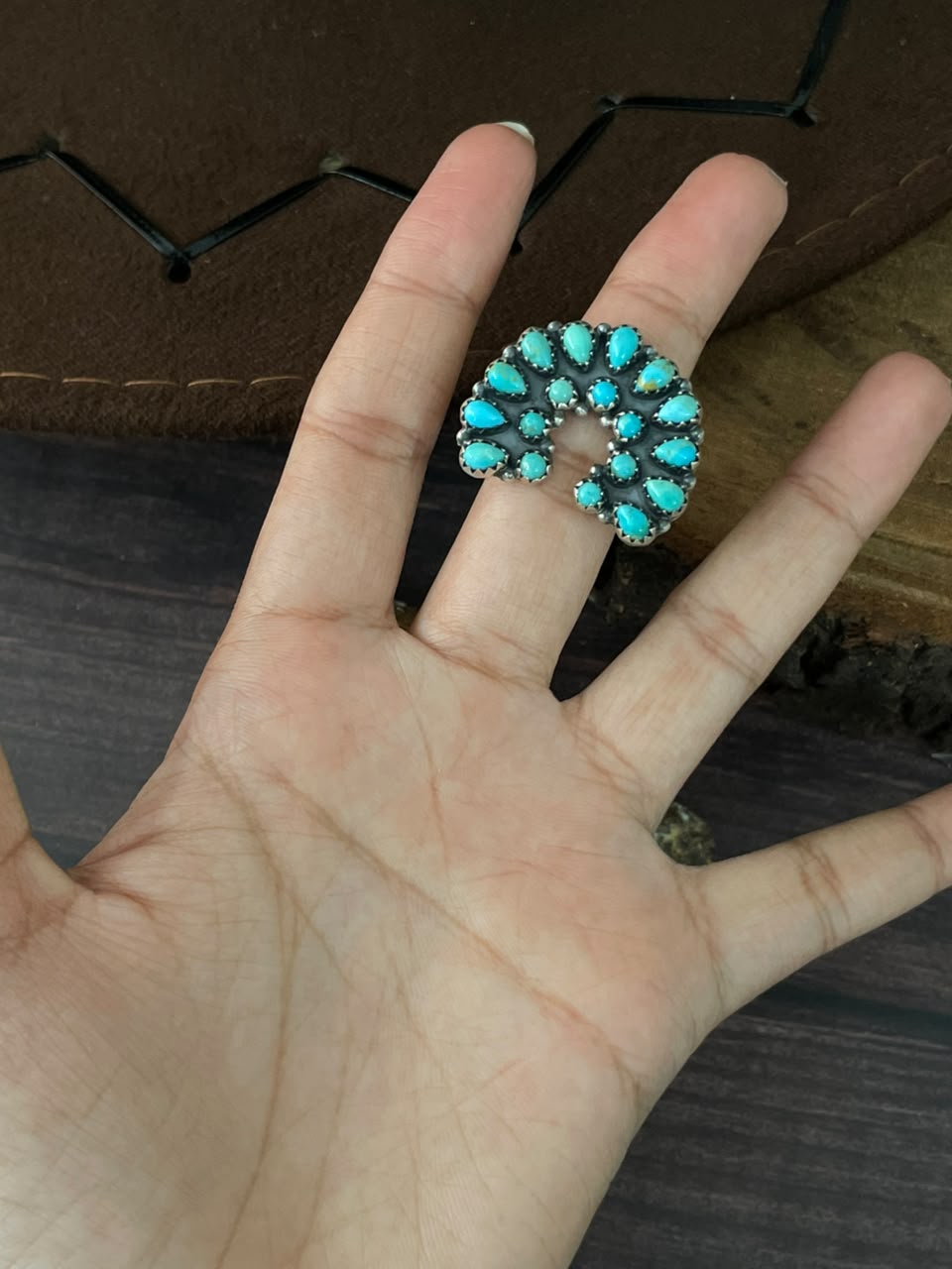 Handmade Sterling Silver Kingman Turquoise Adjustable Naja Ring Signed Nizhoni