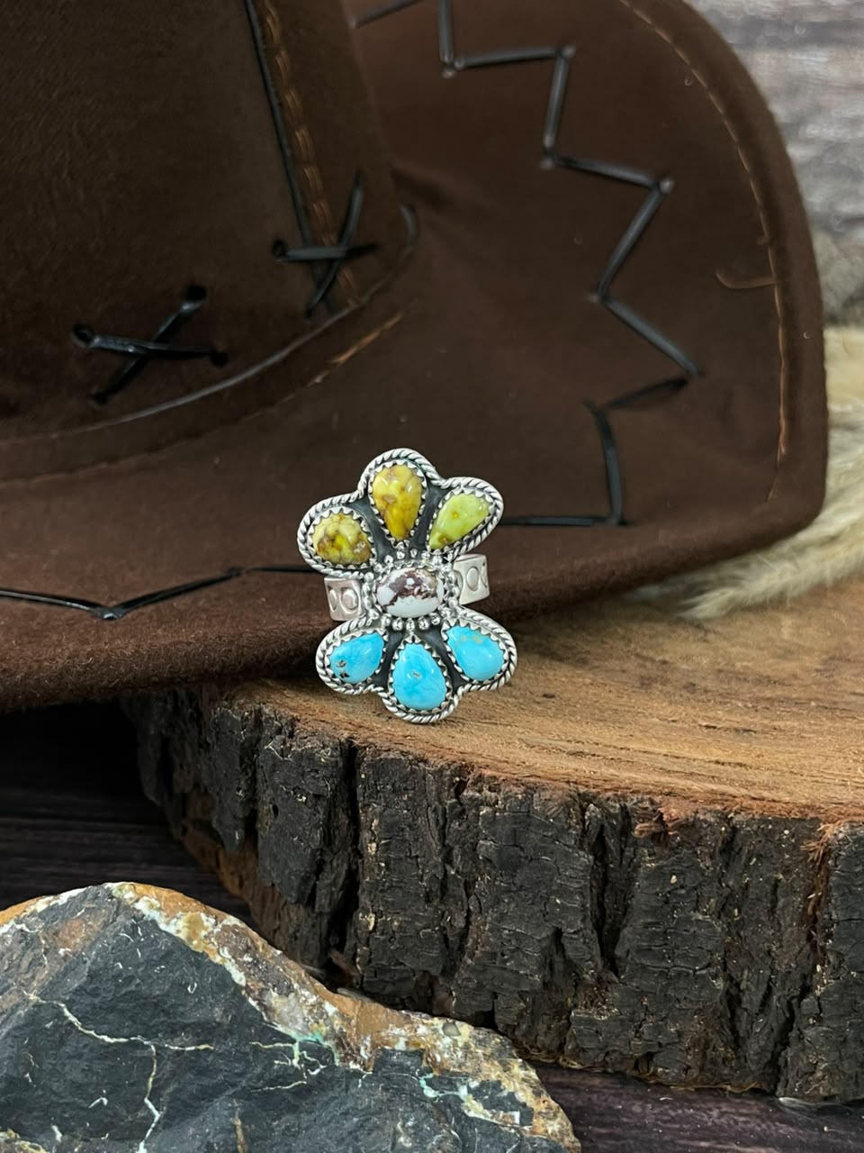 Handmade Sterling Silver Palomino with Sierra Bella Turquoise and Wildhorse Magnesite Adjustable Ring Signed Nizhoni
