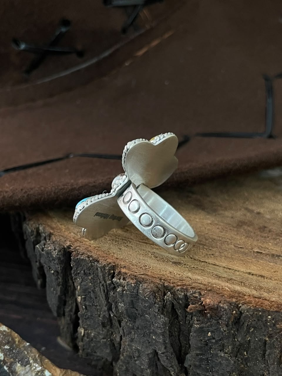 Handmade Sterling Silver Palomino with Sierra Bella Turquoise and Wildhorse Magnesite Adjustable Ring Signed Nizhoni