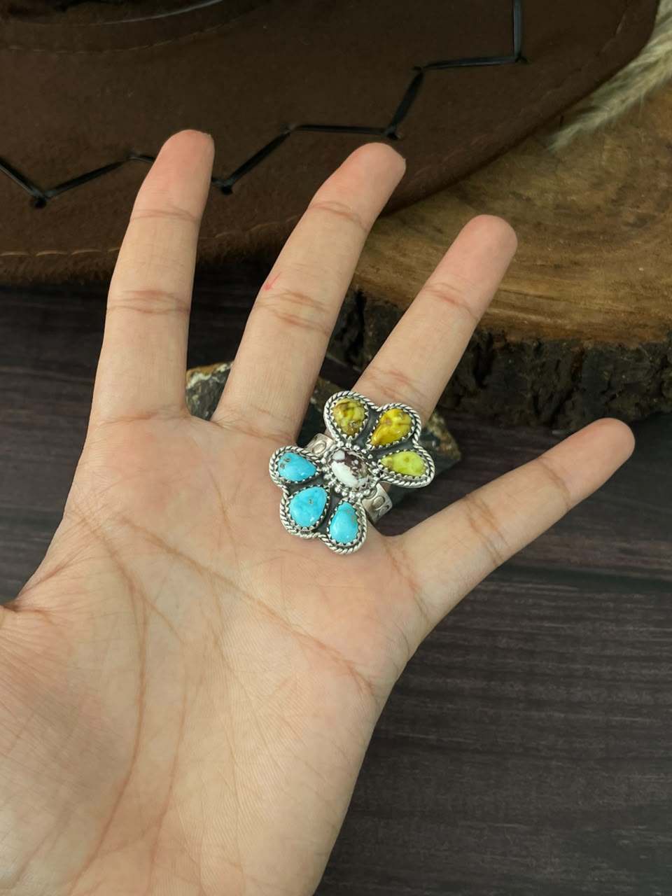Handmade Sterling Silver Palomino with Sierra Bella Turquoise and Wildhorse Magnesite Adjustable Ring Signed Nizhoni
