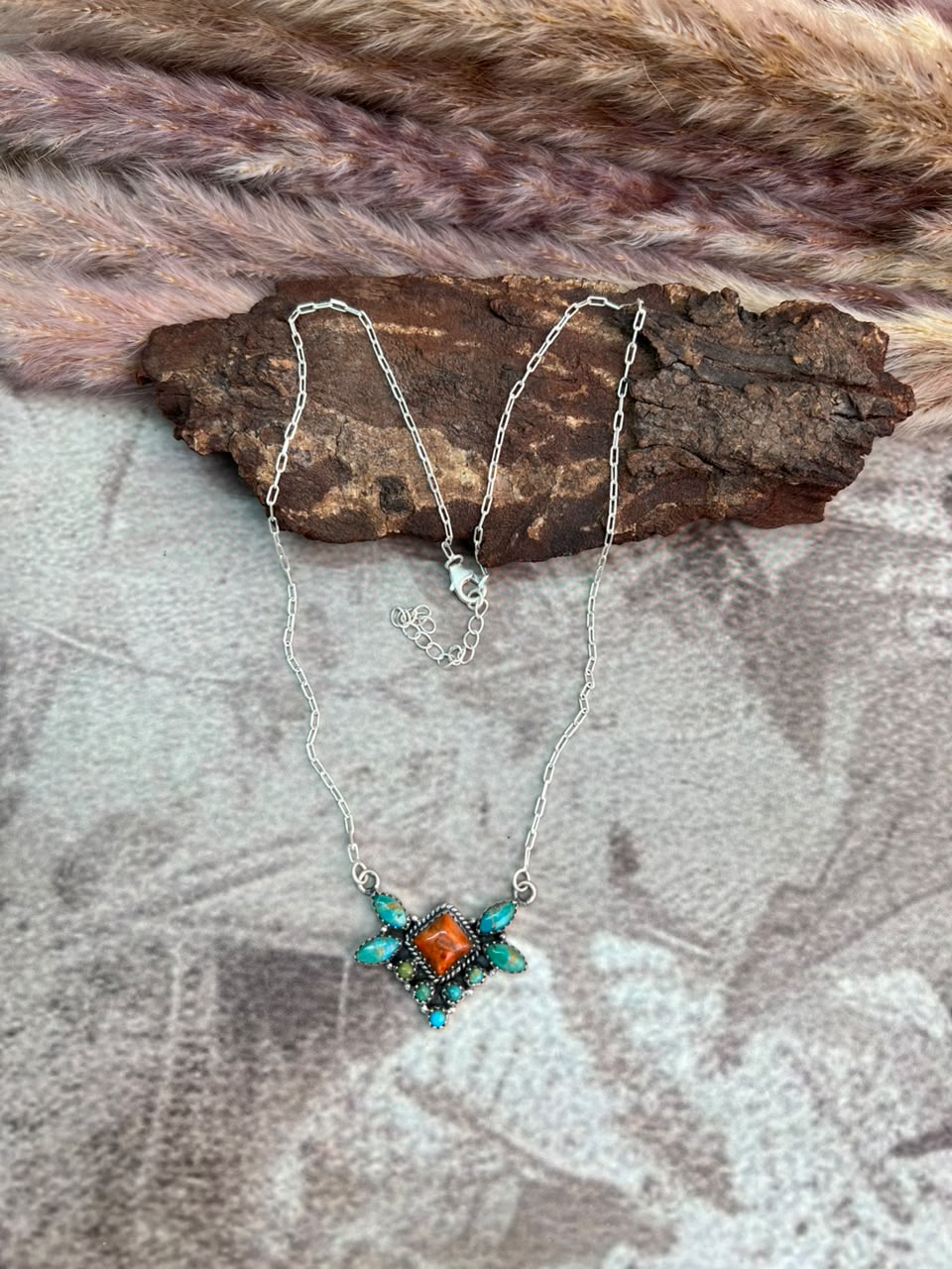 Handmade Sterling Silver Kingman Turquoise with Orange Mojave Necklace Signed Nizhoni