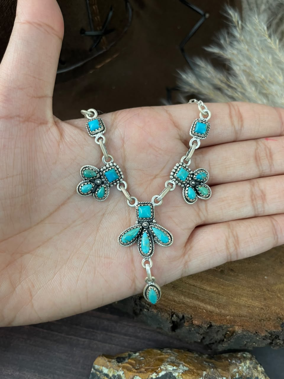 Handmade Sterling Silver Kingman Turquoise Necklace Signed Nizhoni