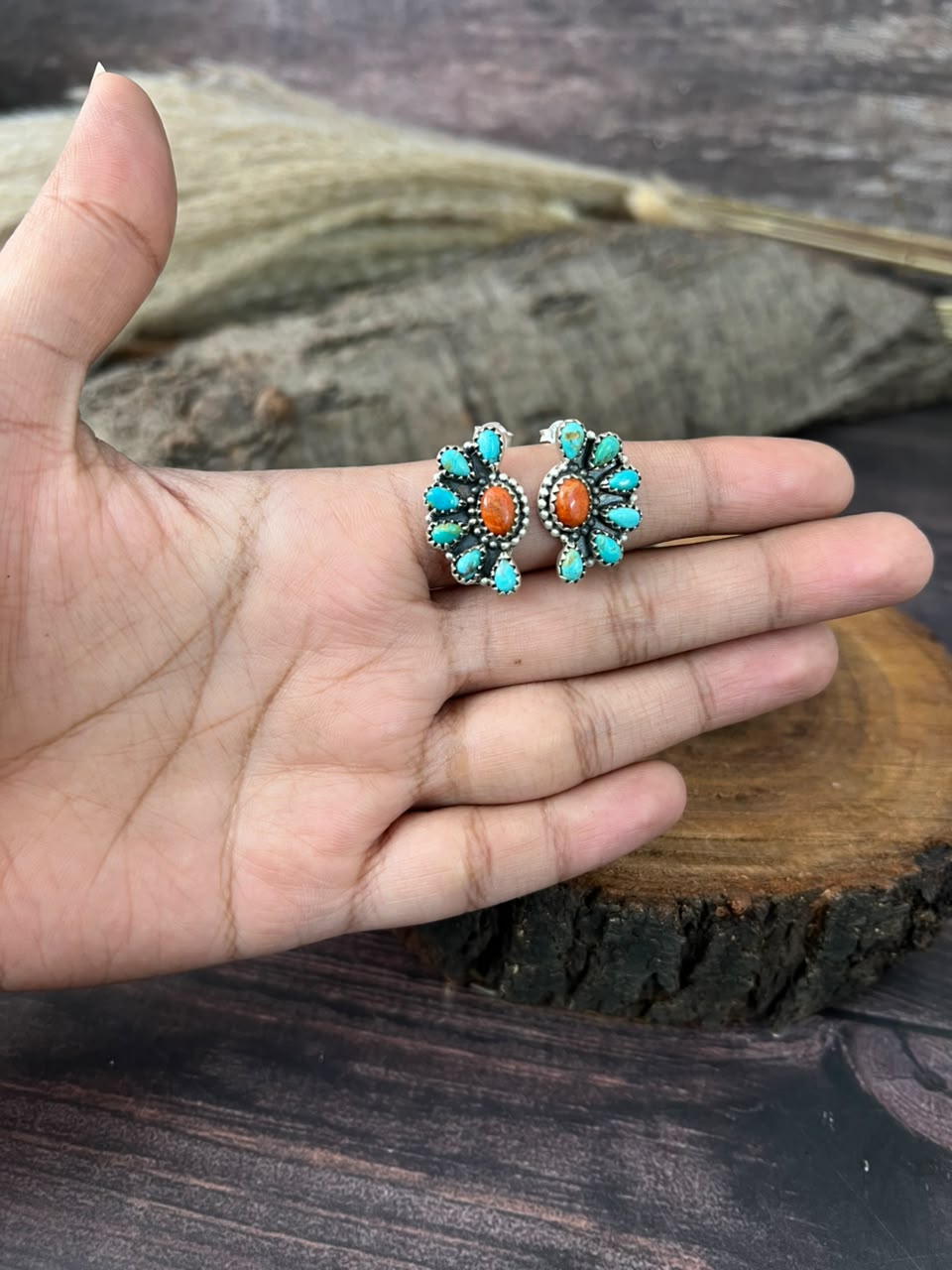 Handmade Sterling Silver Kingman Turquoise with Orange Mojave Post Studs Earrings Signed Nizhoni