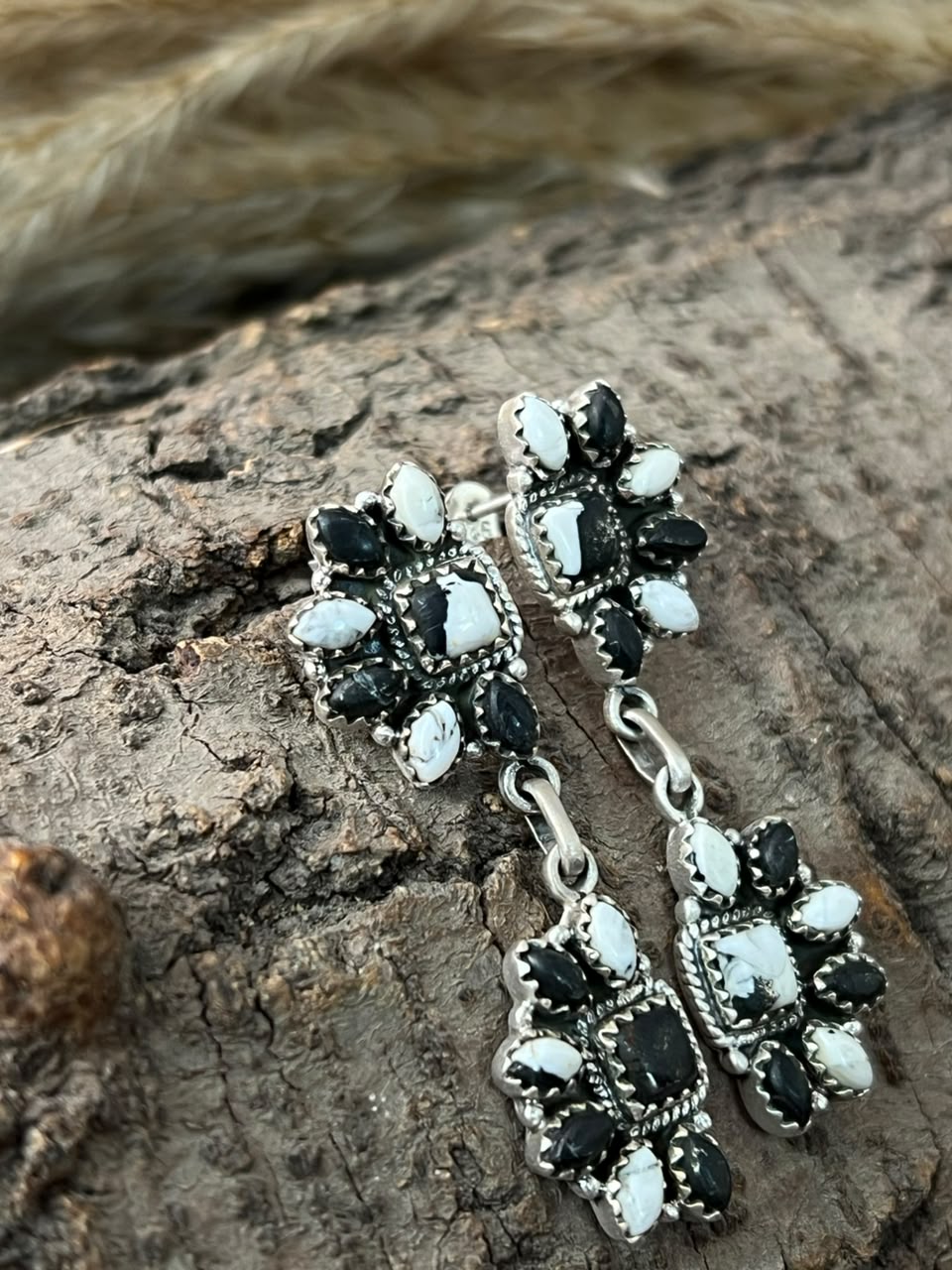 Handmade Sterling Silver White Buffalo Post Dangle Earrings Signed Nizhoni