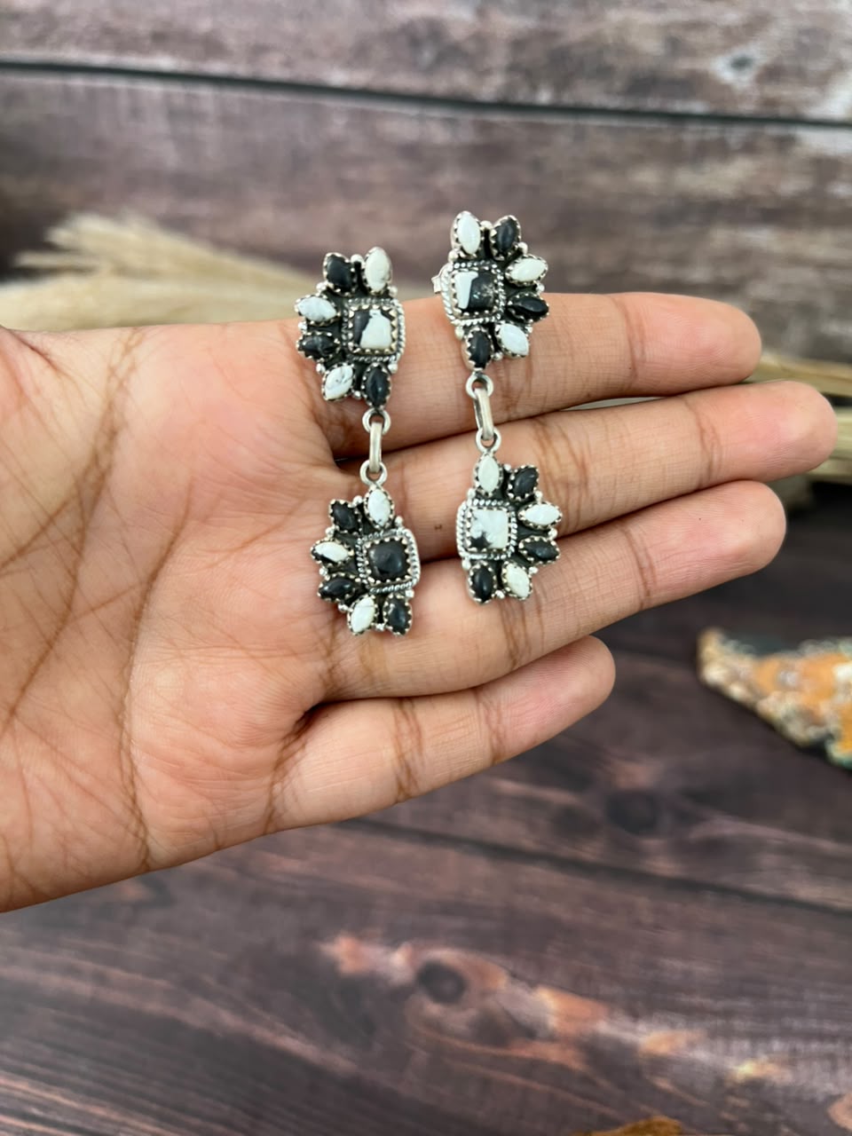 Handmade Sterling Silver White Buffalo Post Dangle Earrings Signed Nizhoni