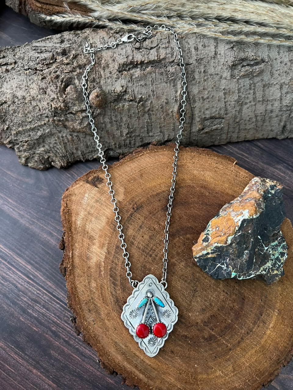 Handmade Sterling Silver Kingman Turquoise with Rosarita Cherry Necklace Signed Nizhoni (6)