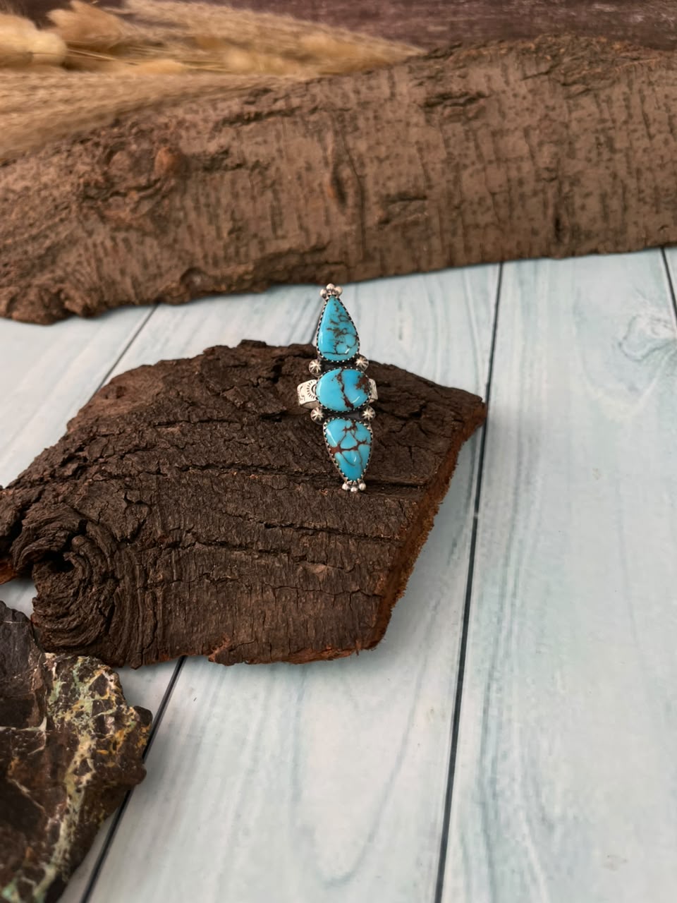 Handmade Sterling Silver Egyptian Turquoise Collection: Adjustable Ring Signed Nizhoni