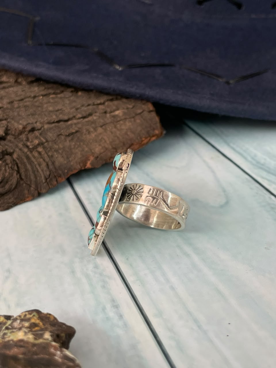 Handmade Sterling Silver Egyptian Turquoise Collection: Adjustable Heart Ring Signed Nizhoni