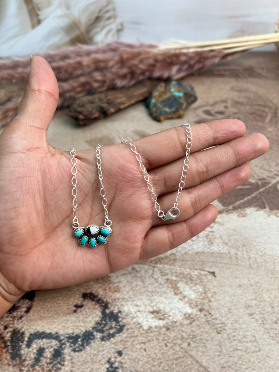 Handmade Sterling Silver Kingman Turquoise with White Buffalo Necklace Signed Nizhoni