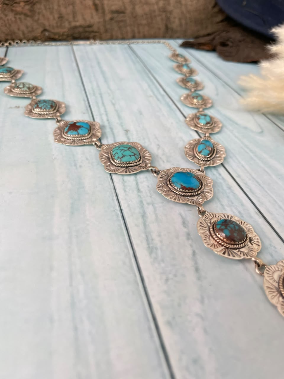 Handmade Sterling Silver Egyptian Turquoise Collection: 'Y Shaped' Necklace Signed Nizhoni