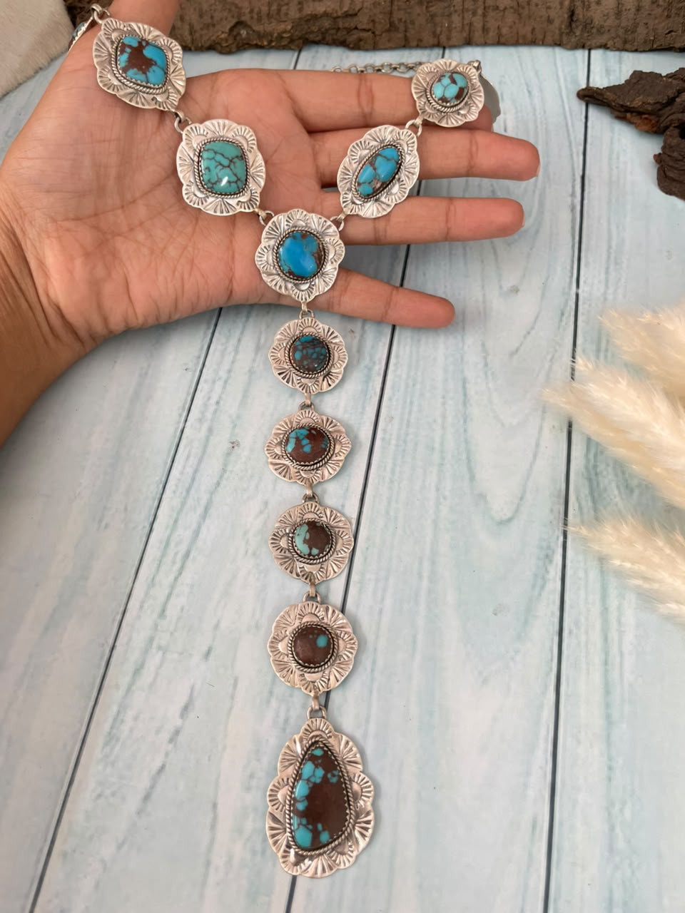 Handmade Sterling Silver Egyptian Turquoise Collection: 'Y Shaped' Necklace Signed Nizhoni