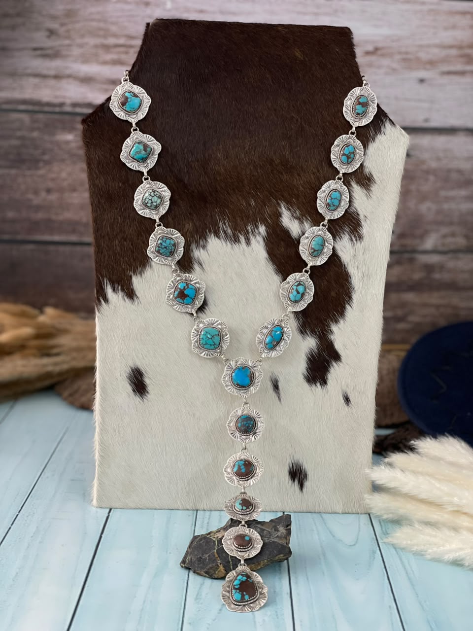 Handmade Sterling Silver Egyptian Turquoise Collection: 'Y Shaped' Necklace Signed Nizhoni