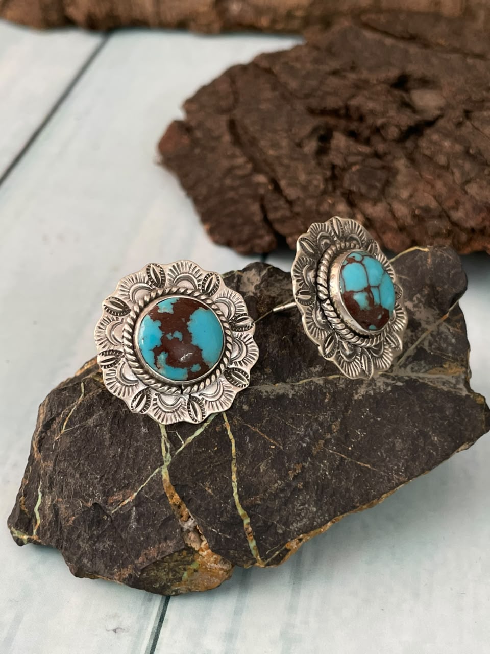 Handmade Sterling Silver Egyptian Turquoise Collection: Post Studs Earrings Signed Nizhoni