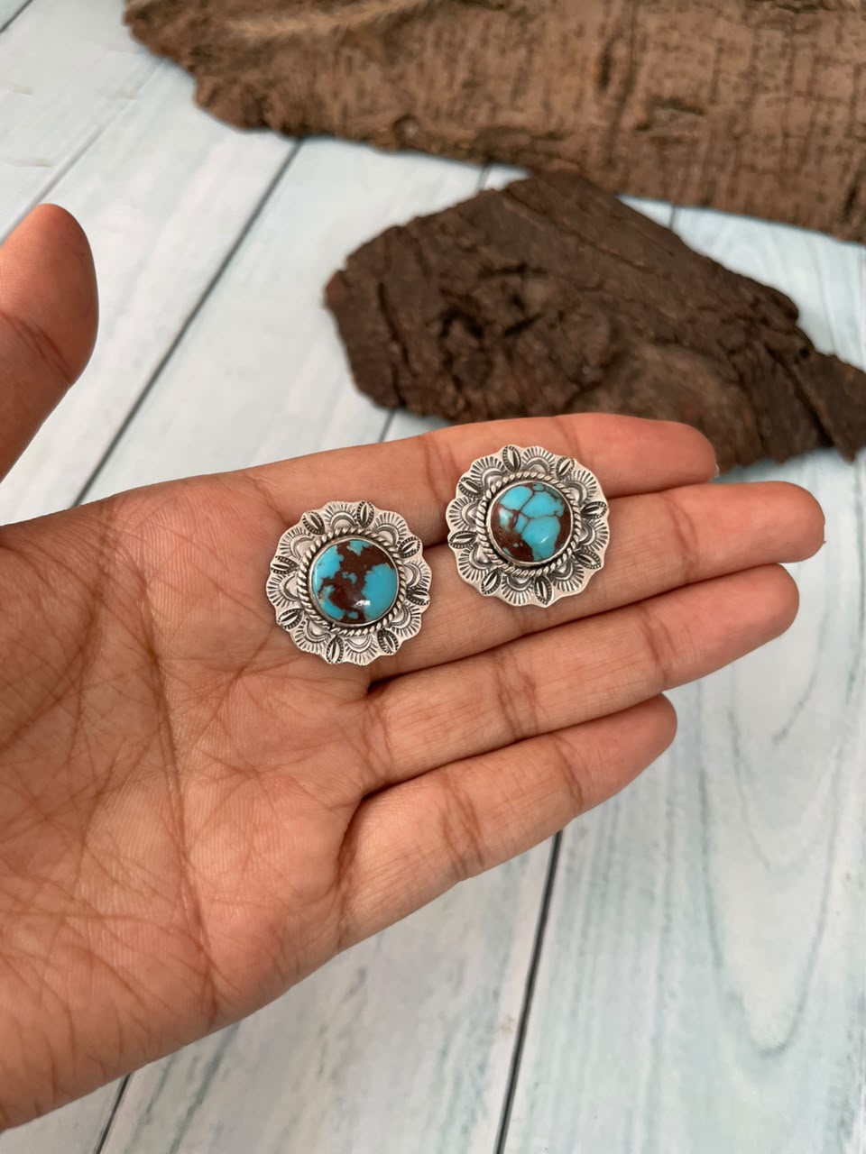 Handmade Sterling Silver Egyptian Turquoise Collection: Post Studs Earrings Signed Nizhoni