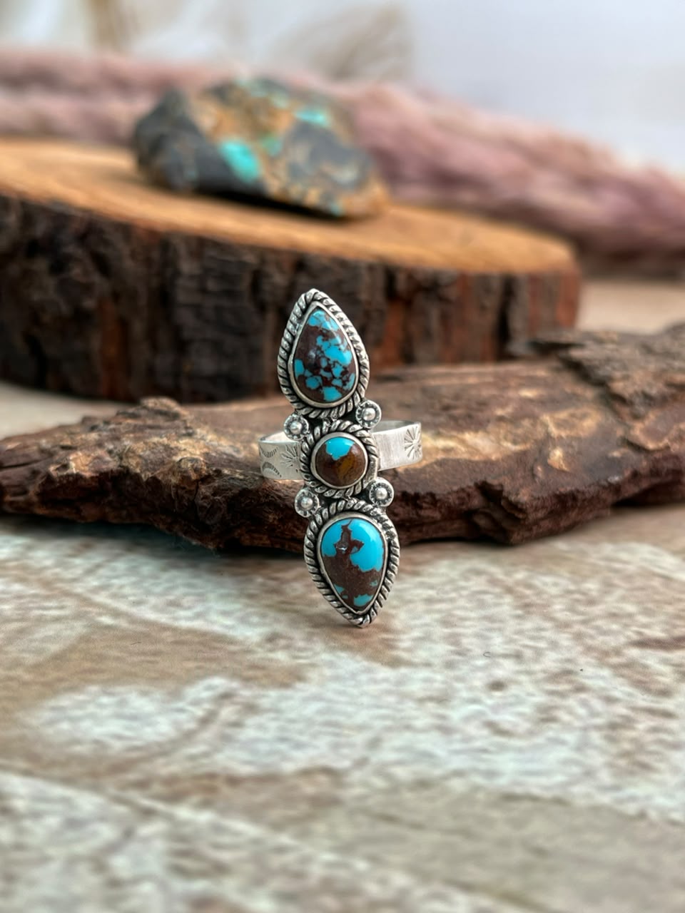 Handmade Sterling Silver Egyptian Turquoise Collection: Adjustable Ring Signed Nizhoni