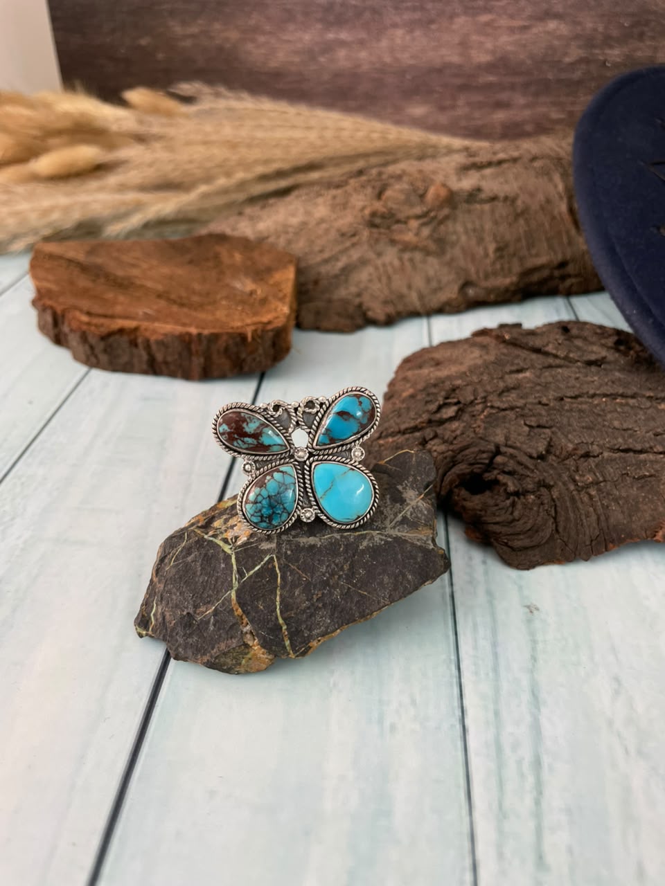 Handmade Sterling Silver Egyptian Turquoise Collection: Adjustable Butterfly Ring Signed Nizhoni