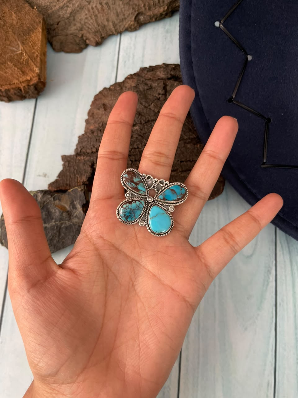 Handmade Sterling Silver Egyptian Turquoise Collection: Adjustable Butterfly Ring Signed Nizhoni
