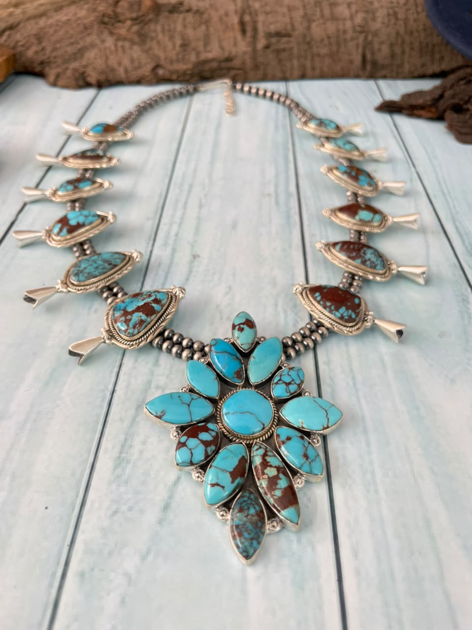 Handmade Sterling Silver Egyptian Turquoise Collection: Beaded Squash Blossom Necklace Signed Nizhoni