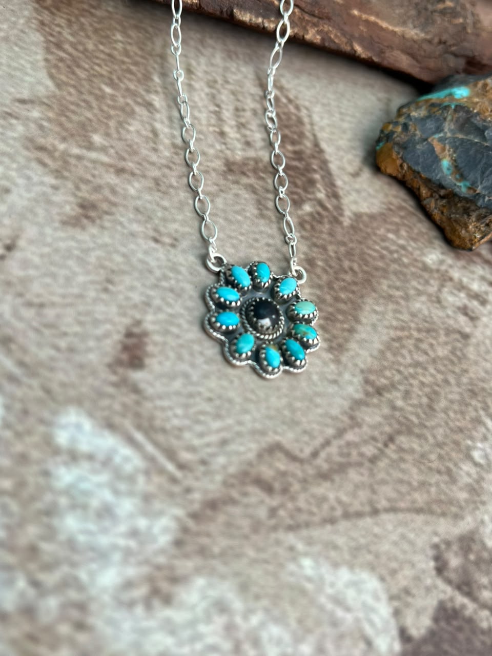 Handmade Sterling Silver Kingman Turquoise with White Buffalo Necklace Signed Nizhoni