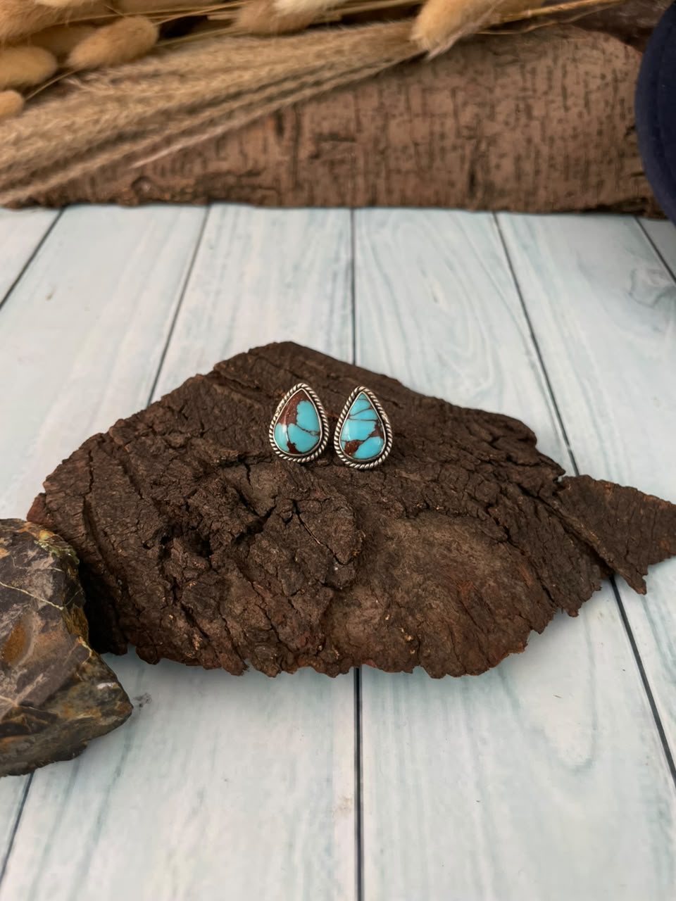 Handmade Sterling Silver Egyptian Turquoise Collection: Post Studs Earrings Signed Nizhonif