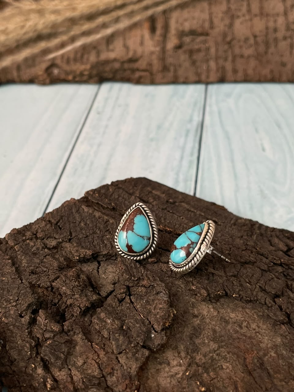 Handmade Sterling Silver Egyptian Turquoise Collection: Post Studs Earrings Signed Nizhonif