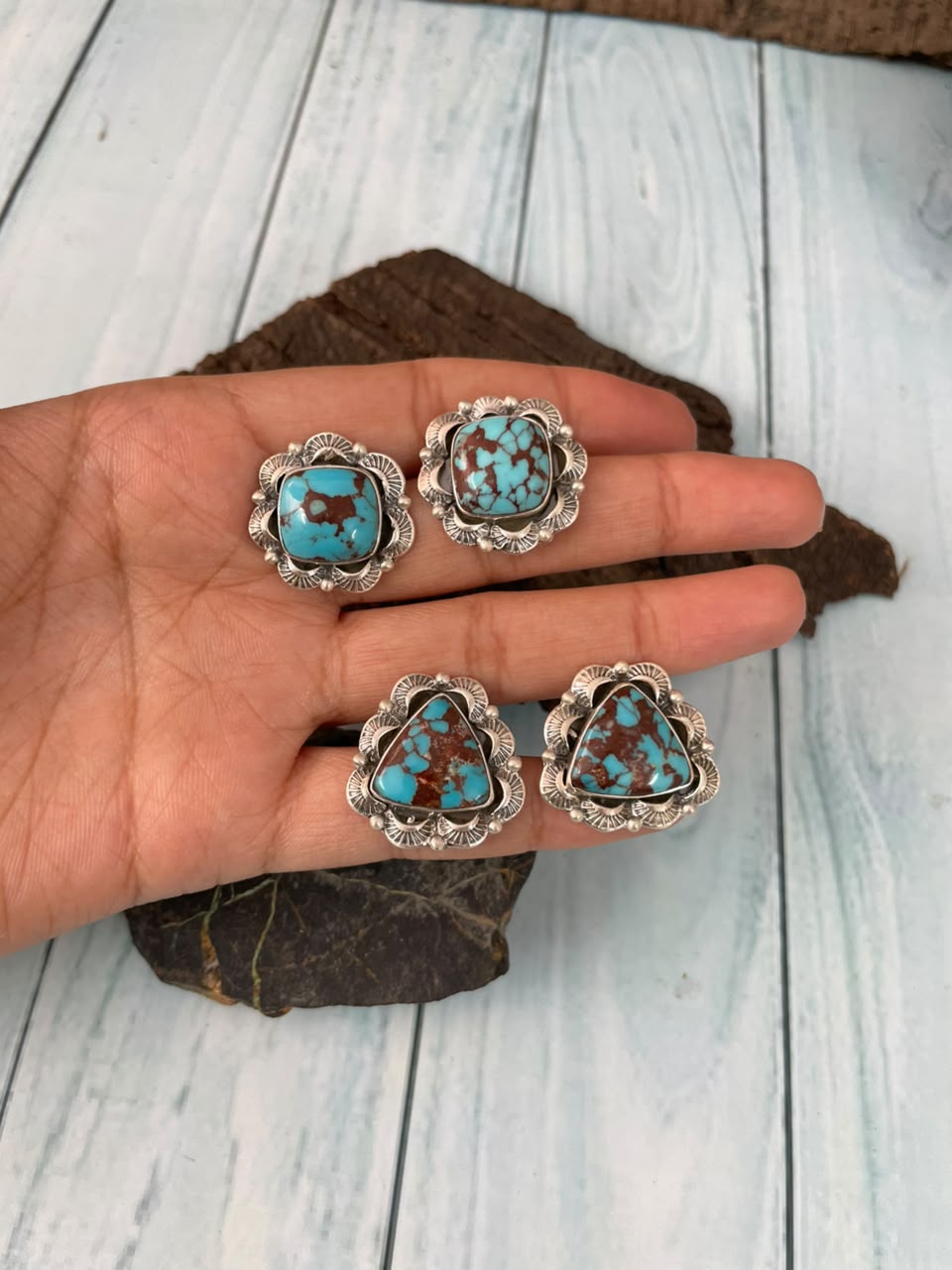 Handmade Sterling Silver Egyptian Turquoise Collection: Post Studs Earrings Signed Nizhoni