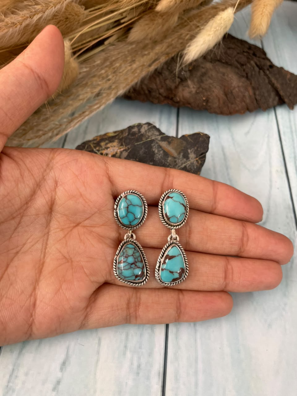 Handmade Sterling Silver Egyptian Turquoise Collection: Post Dangle Earrings Signed Nizhoni